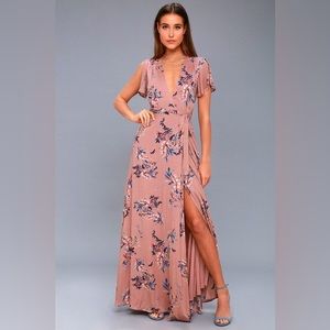 Lulus Slate Blue Floral Print Wrap Pink Maxi Dress Size XS Wedding Summer